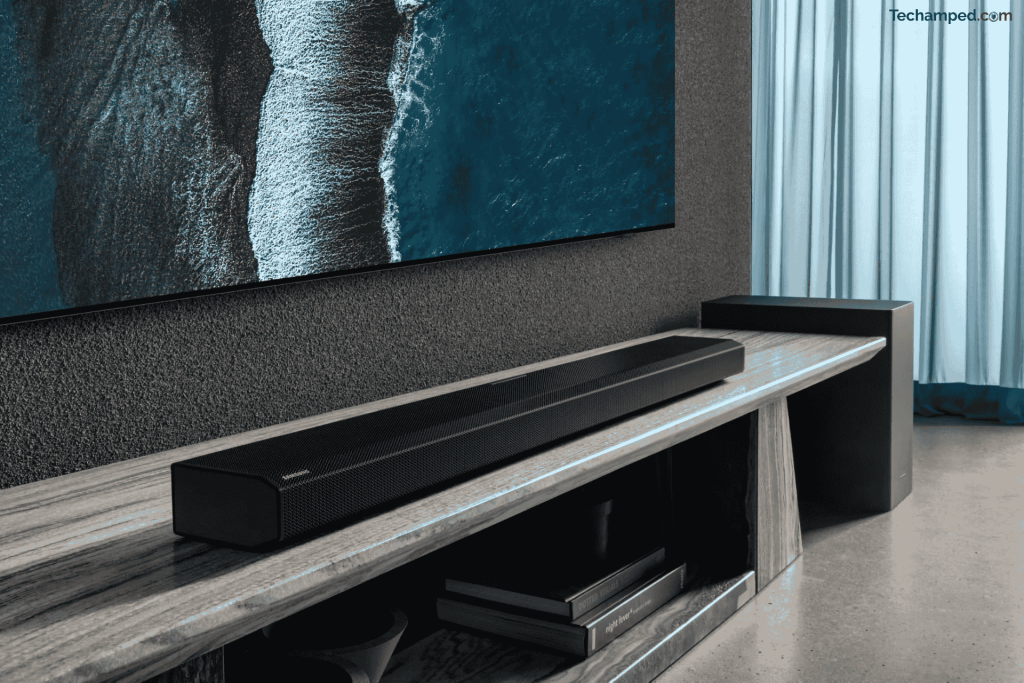 Samsung HW-Q950A soundbar with subwoofer next to a Samsung TV