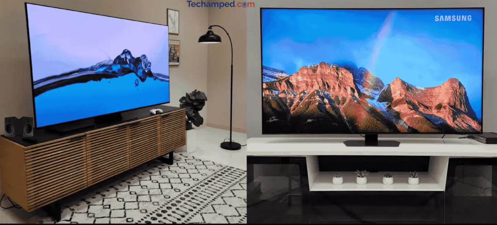 Samsung TV with external speakers placed beside it