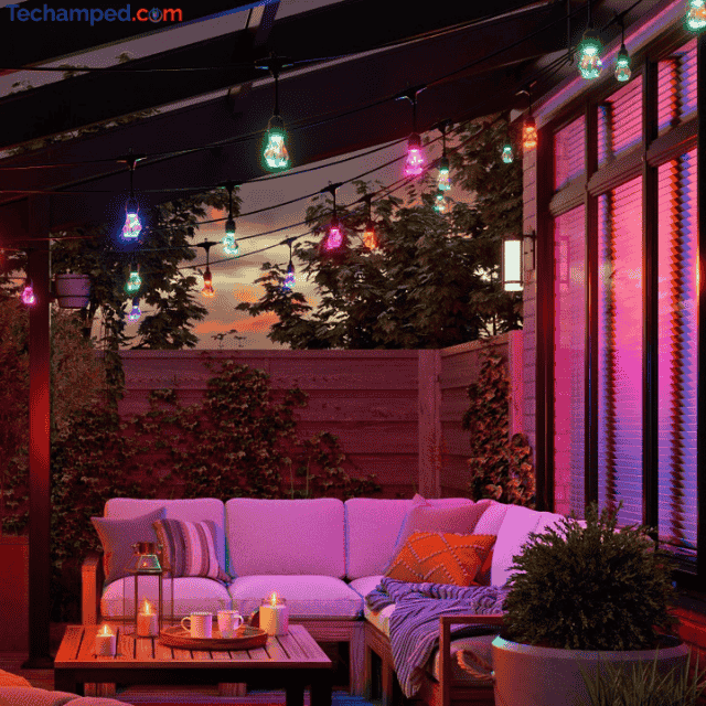 outdoor patio decorated with smart LED string lights