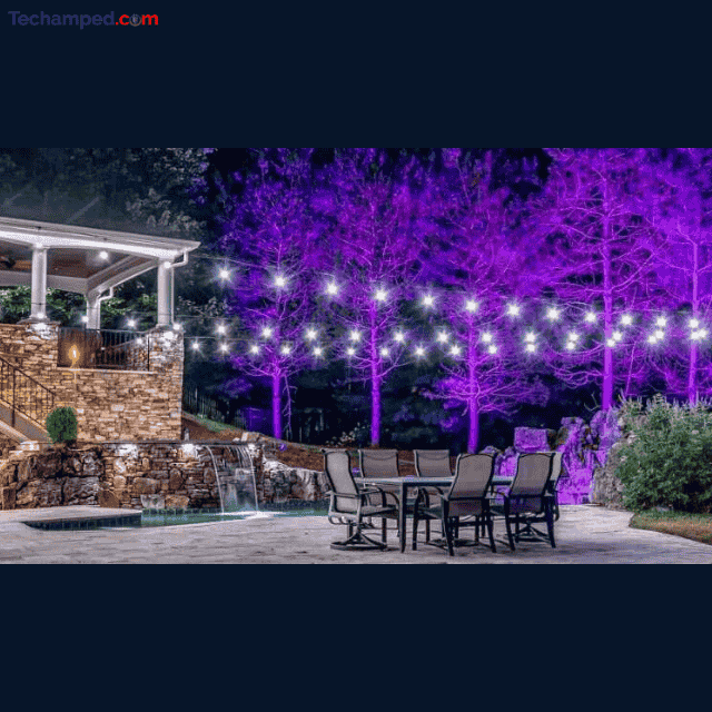 a well lit outdoor gathering with smart color string lights
