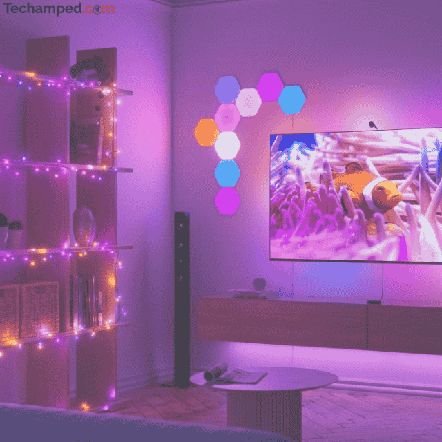 a bedroom with warm smart string lights