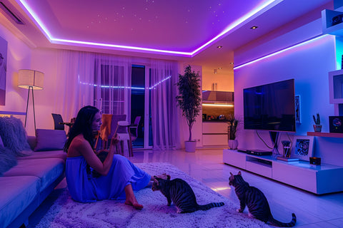 Family enjoying smart lighting at home