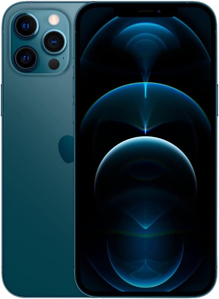 iPhone 12 Pro in Pacific Blue with a triple-lens camera system, featuring LiDAR sensor technology for enhanced portrait and night photography.