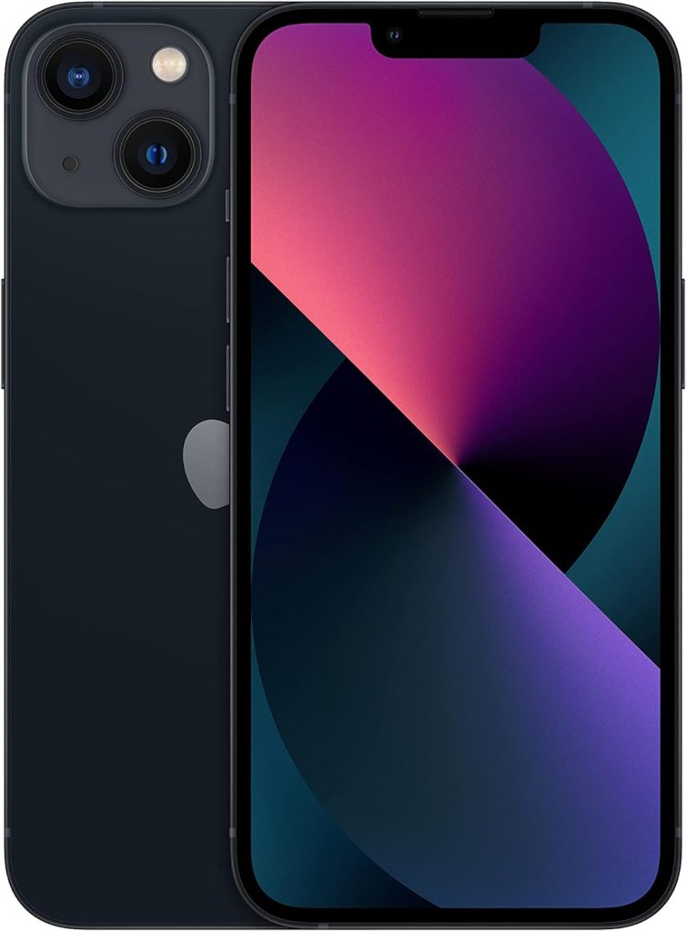 The iPhone 13 in Midnight Black, showcasing its dual-camera system optimized for Night mode, Deep Fusion, and Cinematic Mode video recording.