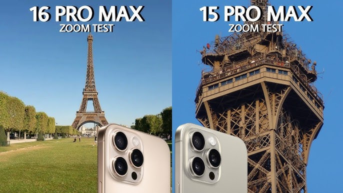 Side-by-side comparison of iPhone 16 Pro Max vs. iPhone 15 Pro Max zoom capabilities, featuring the Eiffel Tower with impressive telephoto lens improvements.