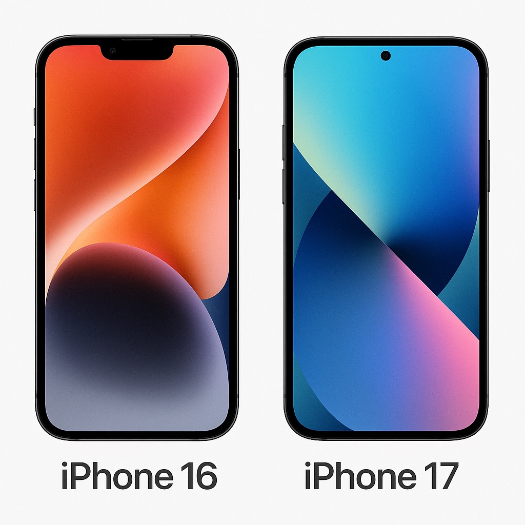 Comparison image of iPhone 16 and iPhone 17 placed side by side showing differences in design and size