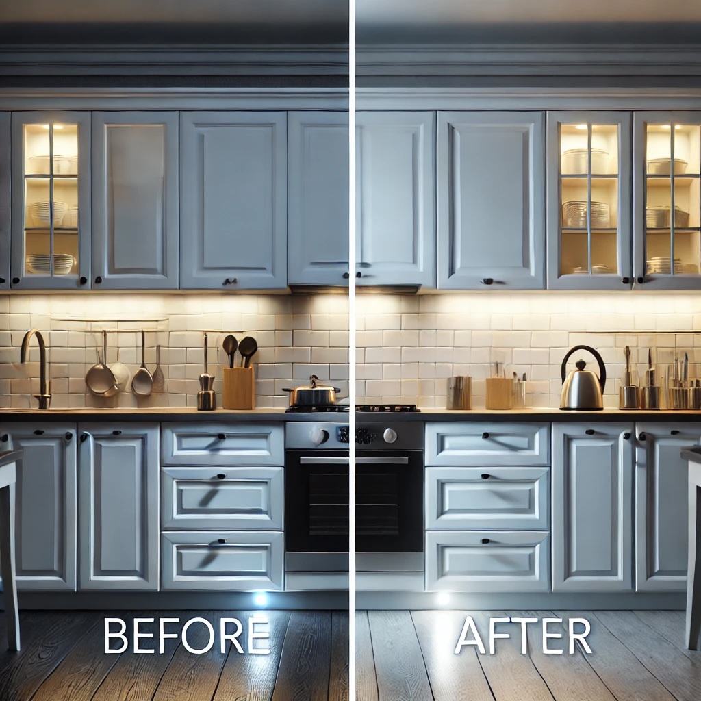 Before and after cabinet lighting