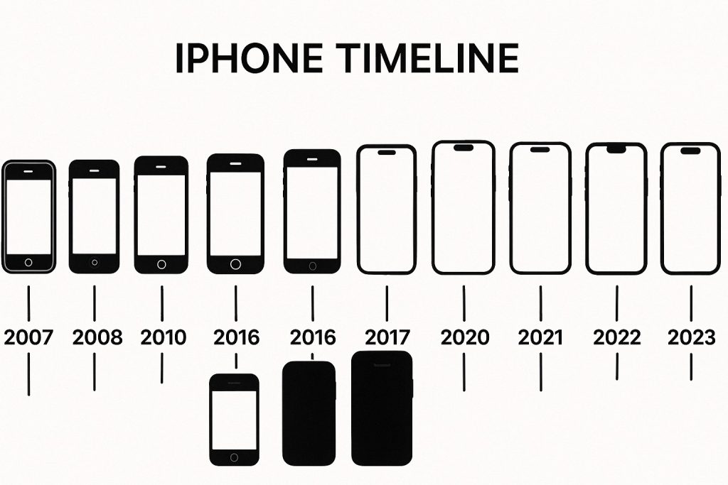 Timeline graphic showing the evolution of iPhone models from original iPhone to iPhone 17.