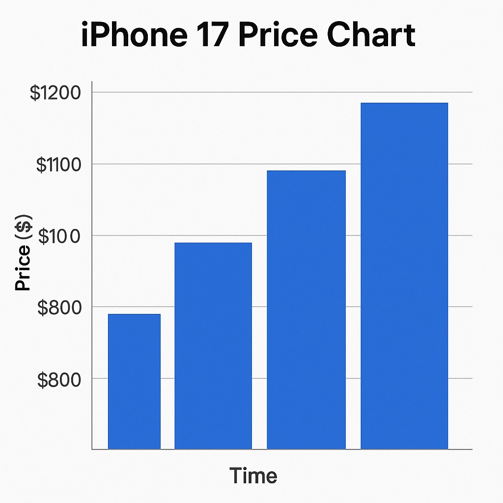 Bar chart showing iPhone 17 pricing tiers for different models and storage options