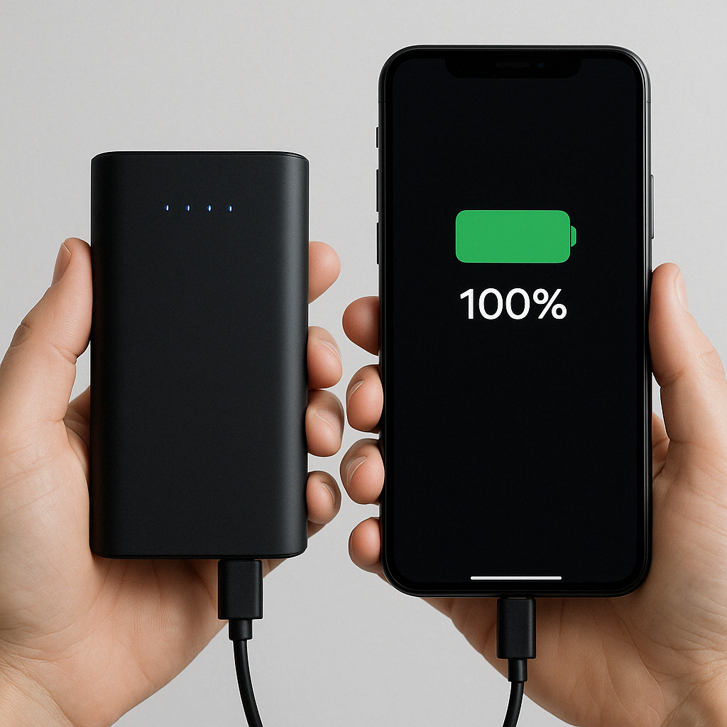user holding charger with phone at 100% battery